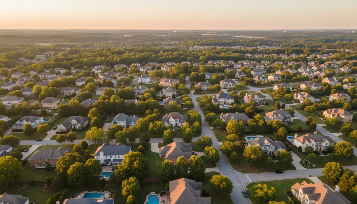 photorealistic aerial view of a Hoover Alabama suburban neighborhood at golden hour, neutral color palette, well-kept homes with green lawns and tree-lined streets, soft sunlight highlighting rooftops