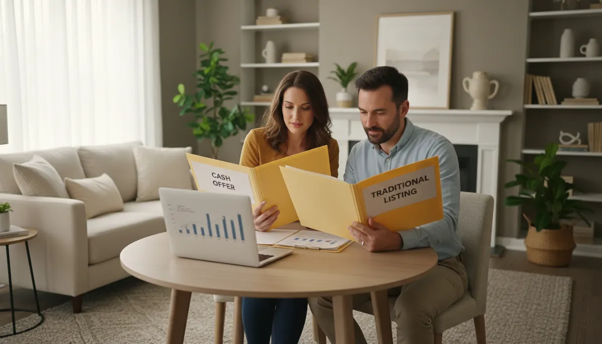 photorealistic neutral-toned living room in a Hoover Alabama suburban home, couple at dining table reviewing two folders labeled Cash Offer and Traditional Listing with a laptop open to real estate data, soft natural light, calm professional mood