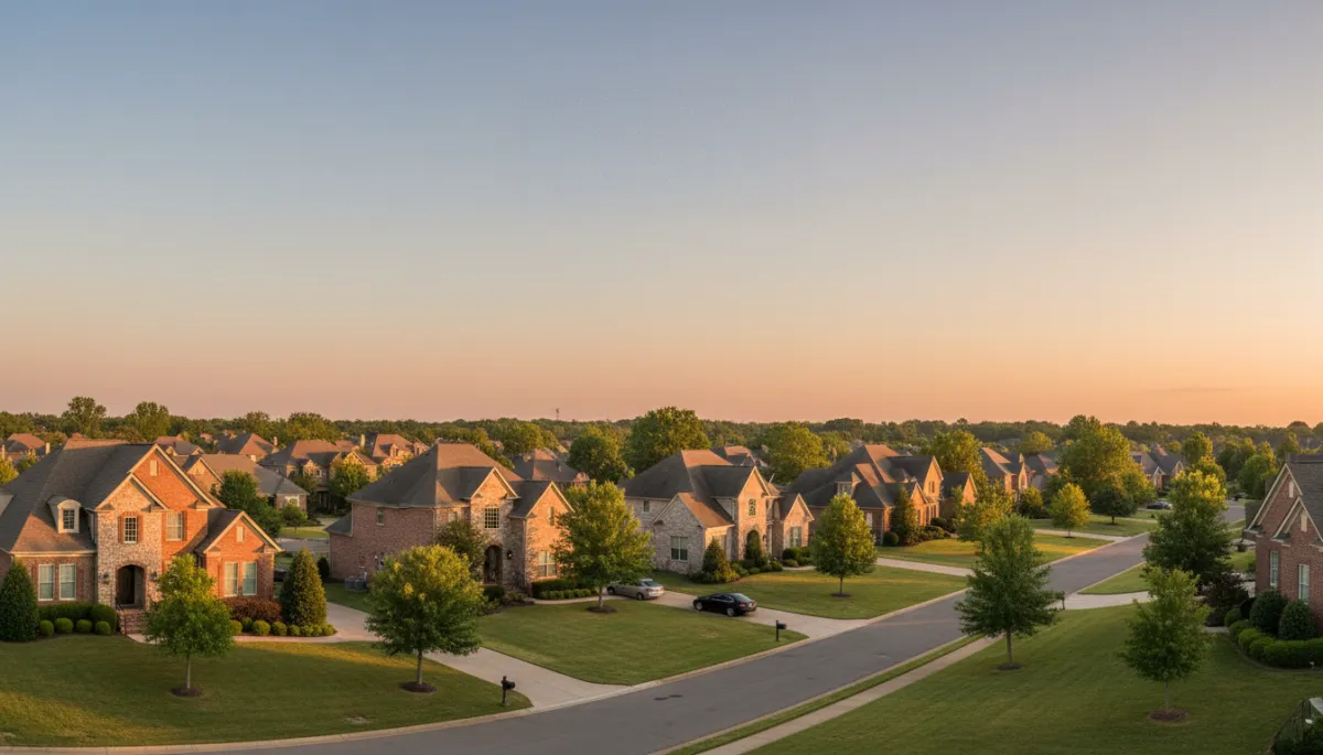 photorealistic wide-angle view of an upscale Hoover Alabama neighborhood at golden hour, elegant brick and stone homes with manicured lawns, subtle neutral color palette, overlaid text area in sky space