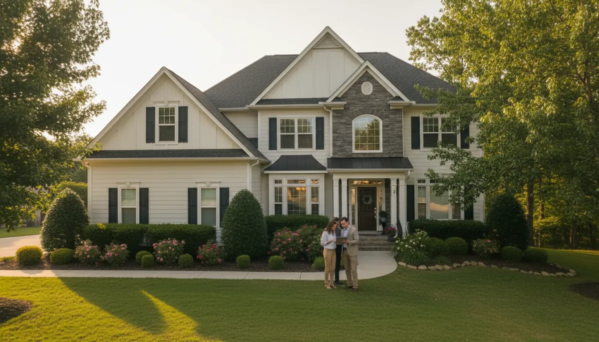 photorealistic wide-angle view of a well-maintained suburban Hoover Alabama home at golden hour, real estate agent and couple reviewing a tablet at the front walkway, neutral color palette, soft natural light