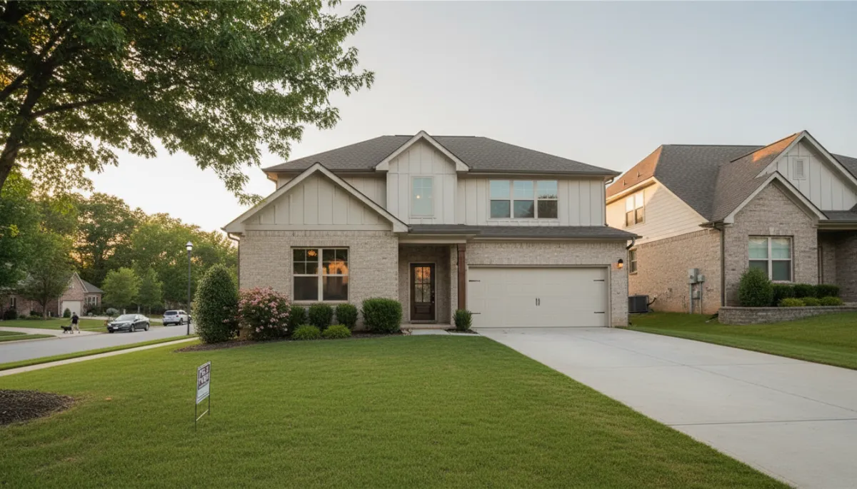 photorealistic neutral-toned suburban Hoover Alabama home exterior at golden hour, well-kept lawn and driveway, discreet For Sale sign in yard, soft natural lighting, calm residential street