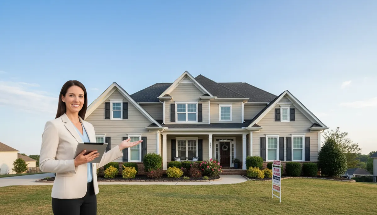 photorealistic wide-angle view of a professional real estate agent standing with a tablet in front of a well-kept Hoover AL suburban home, neutral color palette, soft afternoon light, subtle text space in sky area