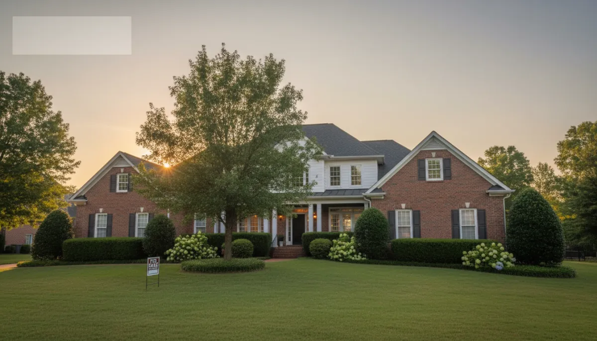 photorealistic wide-angle view of a well-kept Hoover AL suburban home at sunset, neutral color palette, for-sale sign in the front yard, soft warm lighting, subtle text overlay area in the sky