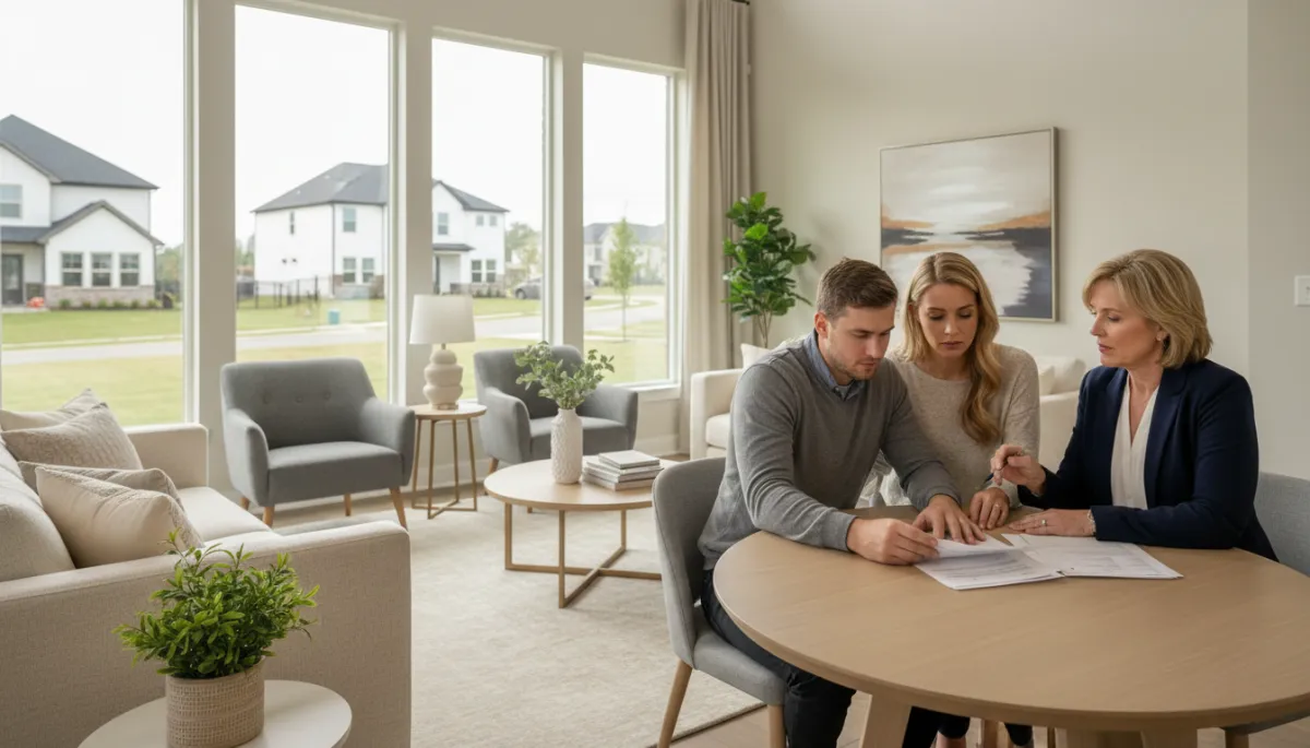 photorealistic neutral-toned living room with couple at dining table reviewing real estate paperwork with concerned expressions while a real estate agent sits across from them, soft natural light, modern Hoover AL suburban home setting