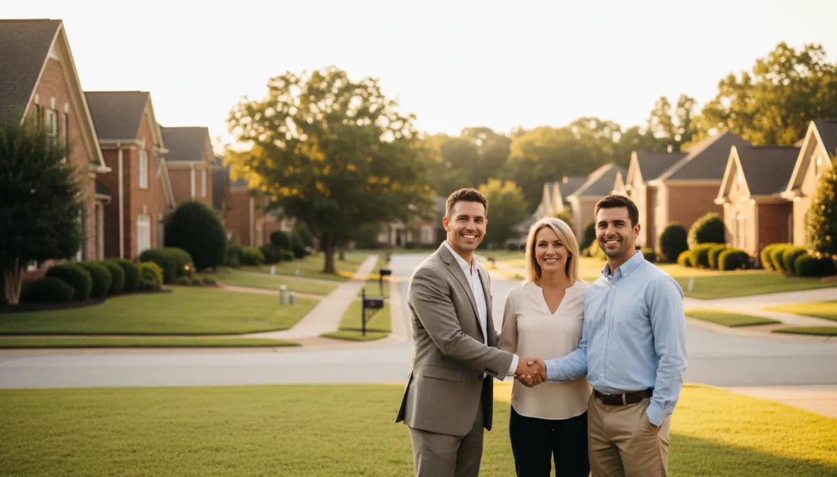 photorealistic wide-angle view of a Hoover AL suburban street with well-maintained brick homes at golden hour, a professional real estate agent in a neutral-toned suit shaking hands with a couple on a front lawn, subtle depth of field, neutral color palette