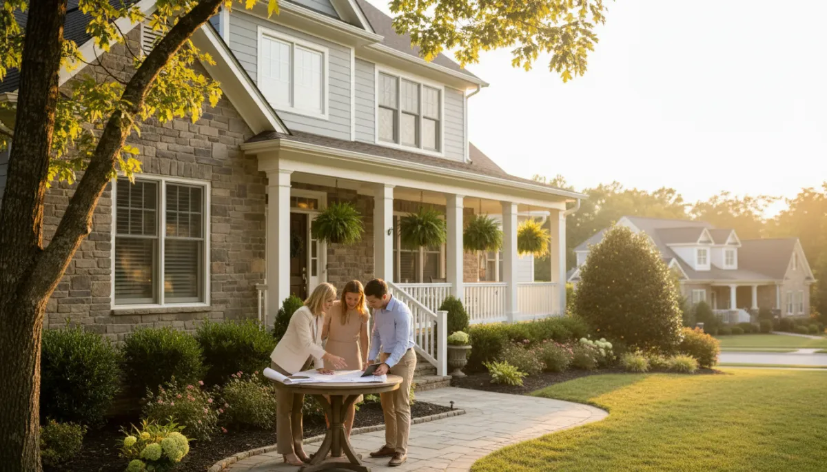 photorealistic wide shot of a well-maintained Hoover Alabama suburban home at golden hour, neutral color palette, real estate agent and couple reviewing paperwork on front porch, soft depth of field, professional residential photography