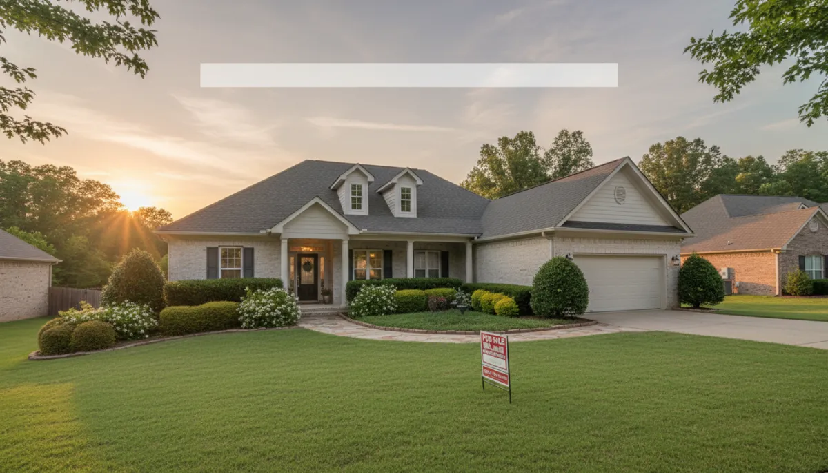 photorealistic neutral-toned suburban Hoover Alabama home at sunset with for-sale sign in front yard, well-kept landscaping, soft natural light, subtle overlay space for headline text