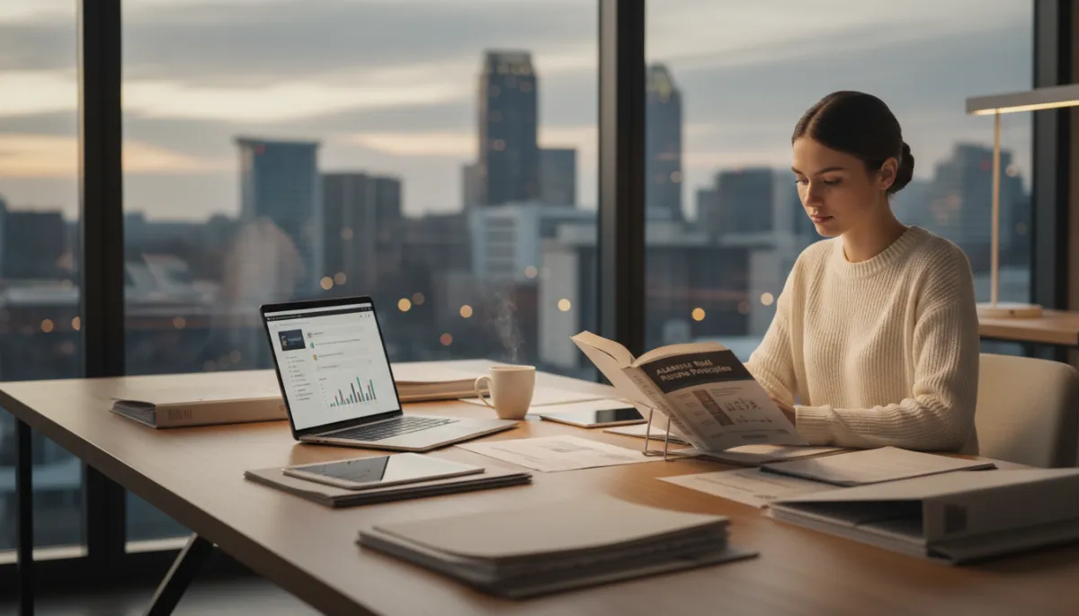 photorealistic neutral‑toned scene of a young professional reviewing real estate course materials at a tidy desk, Alabama city skyline faintly visible through a window, paperwork, laptop, and coffee neatly arranged