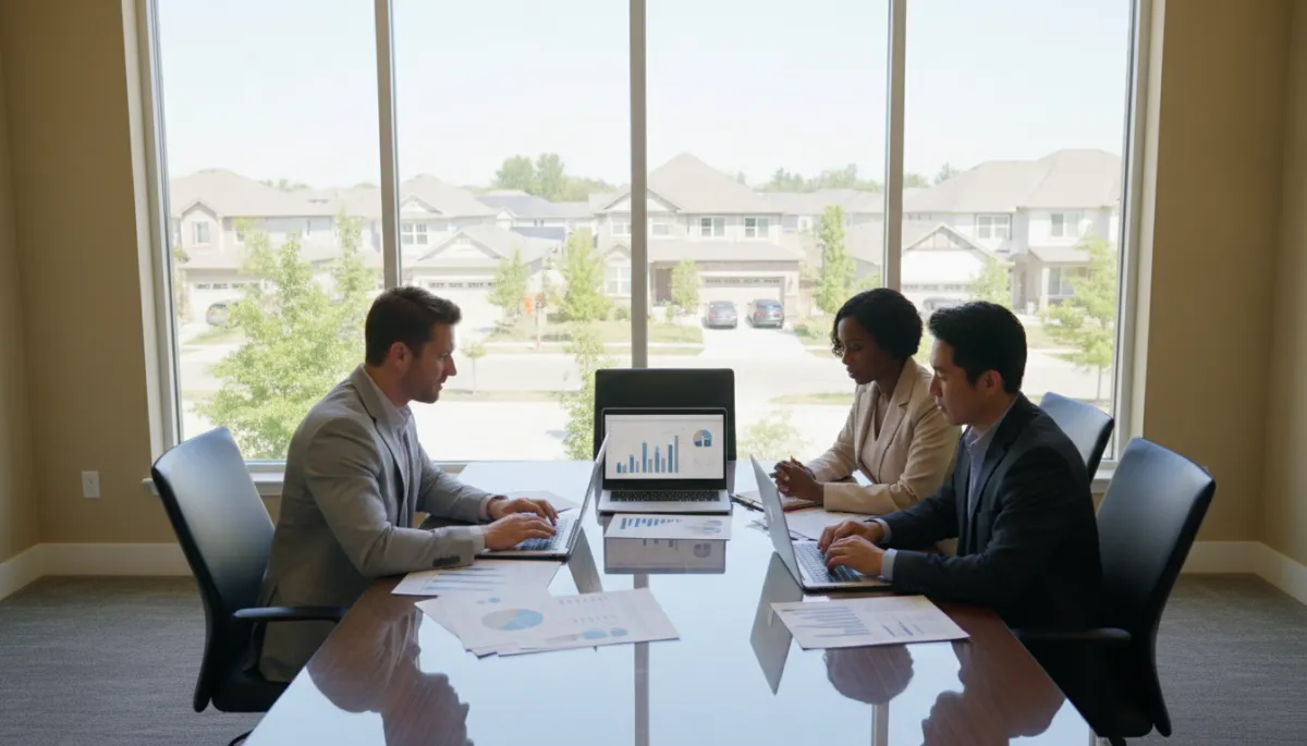 photorealistic wide shot of a professional real estate team reviewing sales reports and laptop dashboards in a bright conference room, neutral color palette with beige and gray tones, large windows overlooking a suburban neighborhood