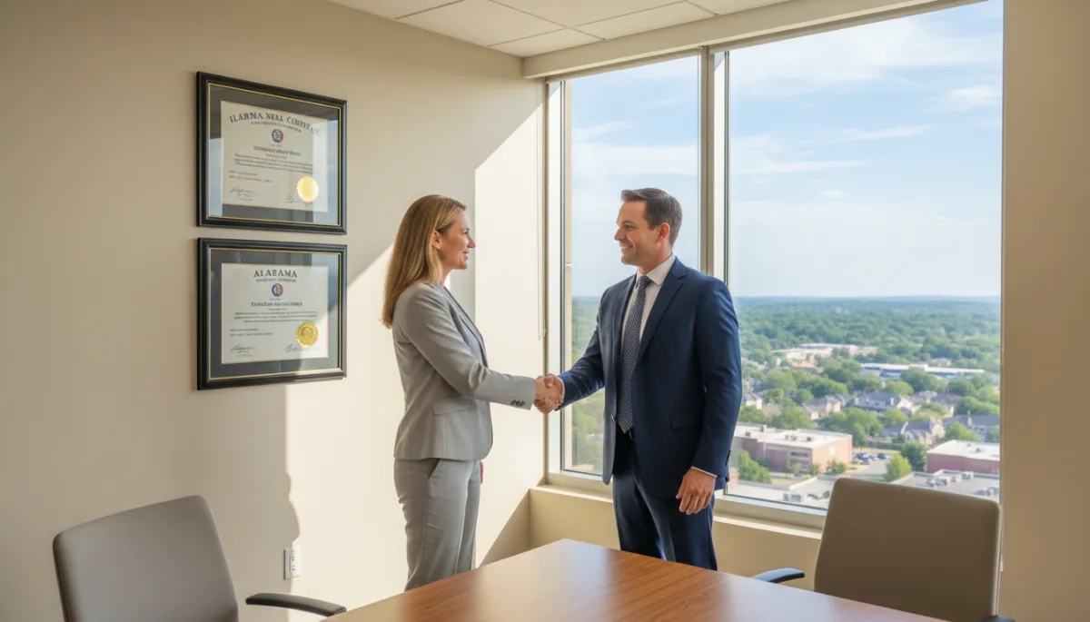 photorealistic wide shot of a confident mid-career professional shaking hands with a real estate broker in a bright neutral-toned Alabama office, framed real estate licenses on the wall, city of Hoover-style suburban skyline visible through large windows