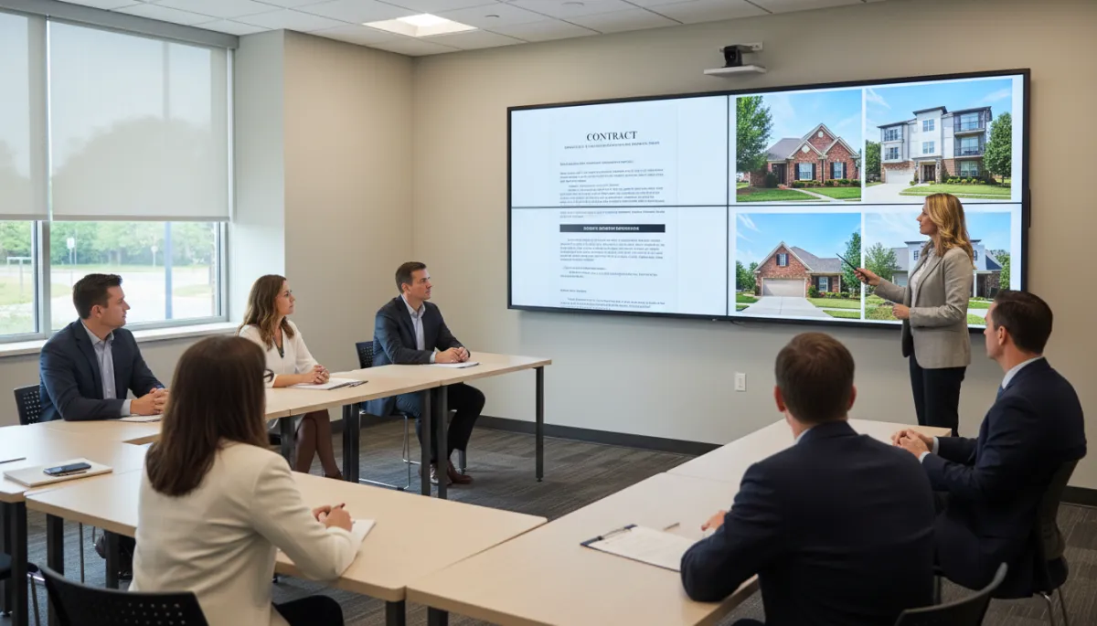photorealistic neutral-toned classroom setting in Hoover Alabama with adult students listening to an instructor pointing at a large screen displaying real estate contracts and property photos, professional atmosphere