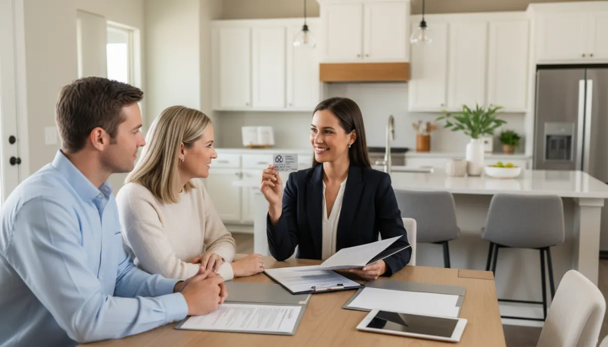 photorealistic neutral-toned scene of a couple sitting at a modern kitchen table in a Hoover AL home, reviewing real estate documents with a professional agent who is showing a license card and paperwork, soft natural daylight, calm and trustworthy atmosphere