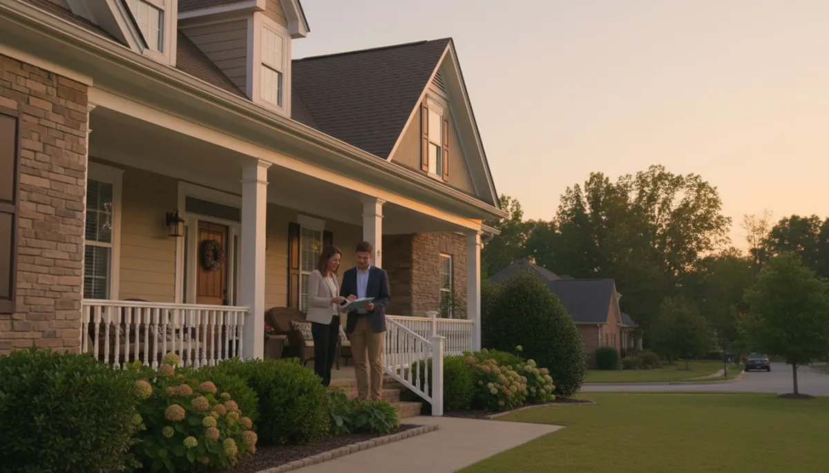photorealistic neutral-toned suburban Hoover Alabama home at sunset with real estate agent and couple reviewing paperwork on front porch, soft natural lighting and professional atmosphere