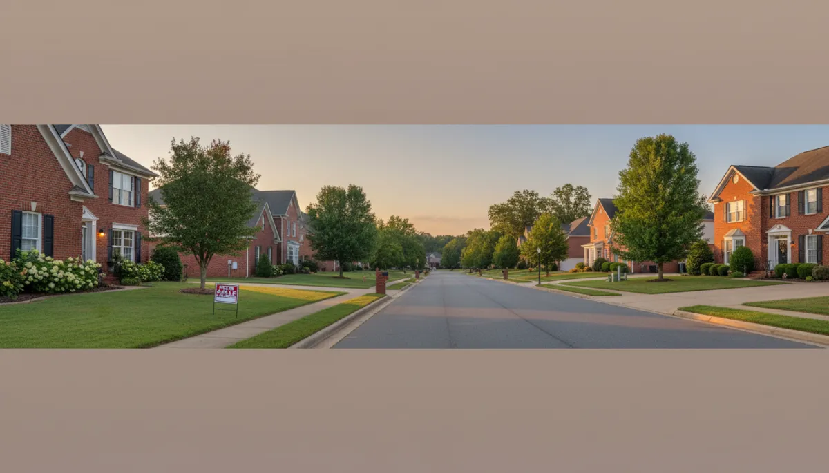 photorealistic neutral-toned suburban Hoover Alabama street at dusk, well-kept brick homes with for-sale sign in front yard, soft natural lighting, calm residential neighborhood