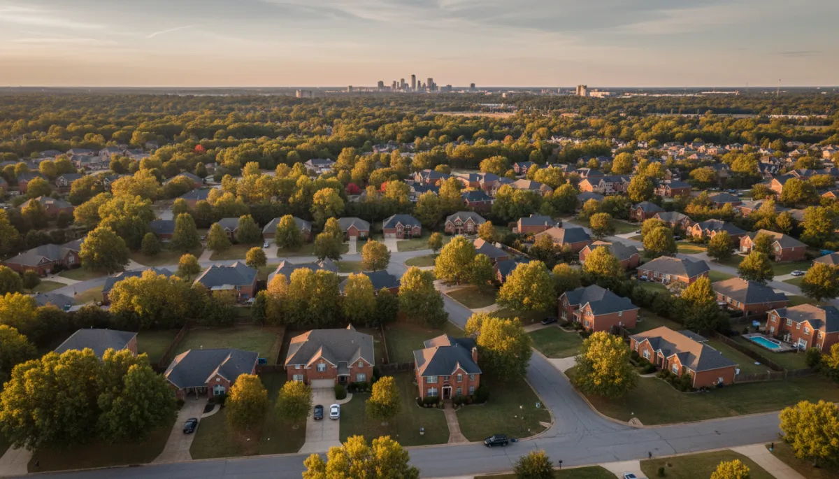 photorealistic aerial view of a Hoover Alabama residential neighborhood at golden hour, tree-lined streets, brick homes, distant Birmingham skyline under a neutral color palette sky
