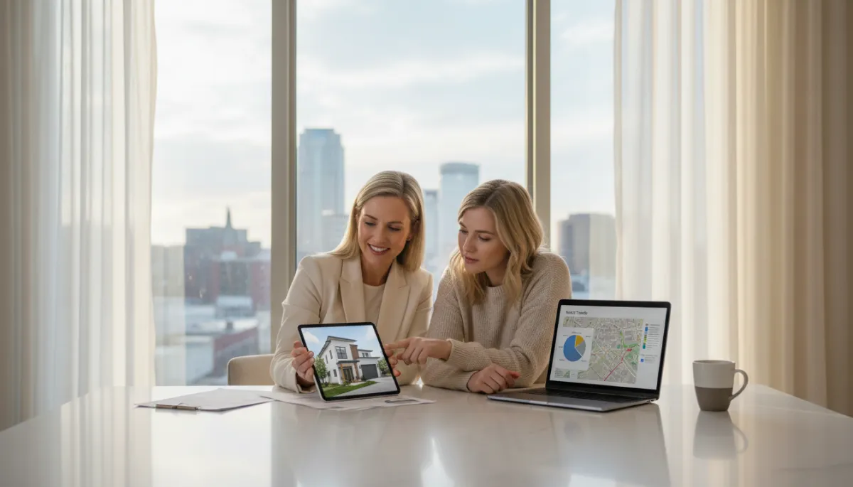 photorealistic neutral-toned scene of a real estate agent and couple reviewing a digital home listing on a tablet at a kitchen island, laptop open with charts and neighborhood map, soft natural light, subtle Birmingham skyline visible through window