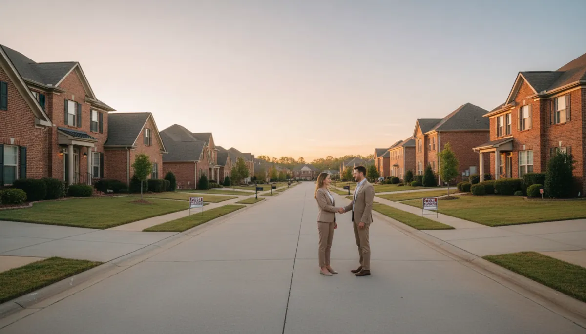 photorealistic wide shot of a Hoover Alabama suburban street at sunset, well-kept brick homes with for sale signs, real estate agent shaking hands with a couple in the foreground, neutral color palette, soft natural lighting