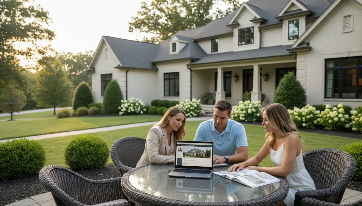 photorealistic wide-angle view of a well-maintained Hoover AL suburban home at golden hour, neutral color palette, tasteful landscaping, real estate agent and homeowners reviewing marketing plan at a patio table with a laptop open to an online listing, soft natural lighting