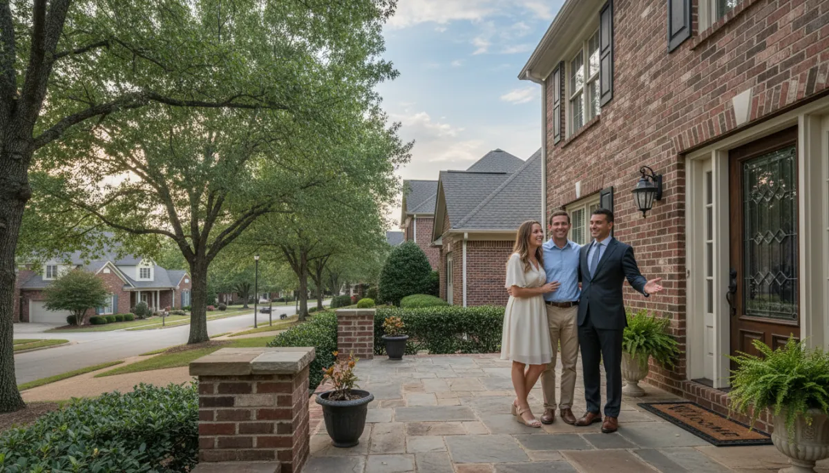 photorealistic wide shot of a professional real estate agent standing with a smiling couple on the front porch of a brick home in a leafy Hoover Alabama neighborhood, soft afternoon light, neutral color palette, subtle text space in sky area