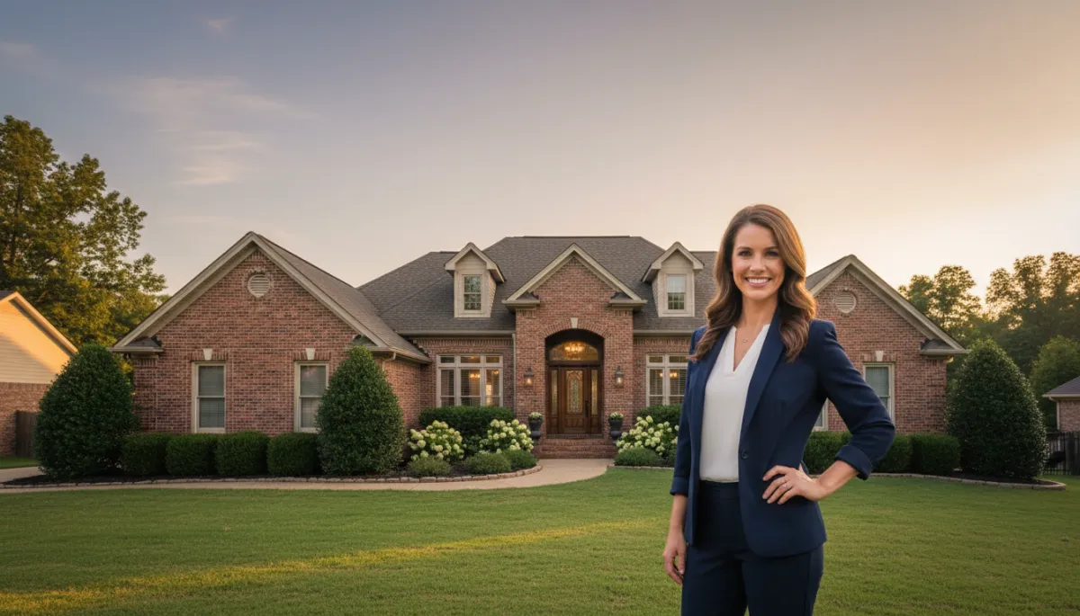 photorealistic wide shot of a professional real estate agent standing outside a well-kept suburban Hoover Alabama home at sunset, neutral color palette, soft natural light, subtle overlay space for title text in sky area