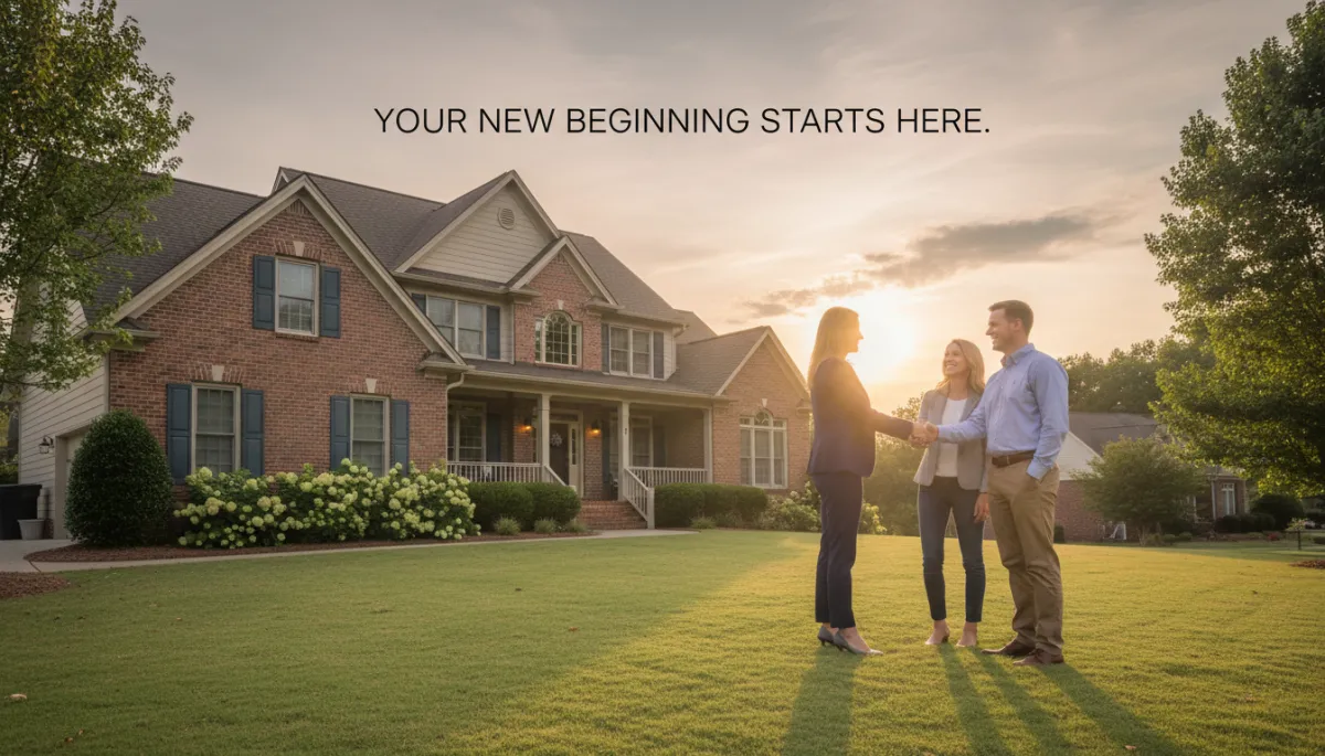 photorealistic wide-angle view of a professional real estate agent shaking hands with a couple in front of a well-kept Hoover AL suburban home at sunset, neutral color palette, soft natural lighting, discreet text overlay on sky area