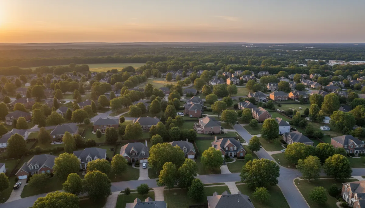 photorealistic aerial view of a quiet Hoover Alabama neighborhood at sunset, neutral color palette with tree-lined streets and well-kept single-family homes, subtle text space in the sky area