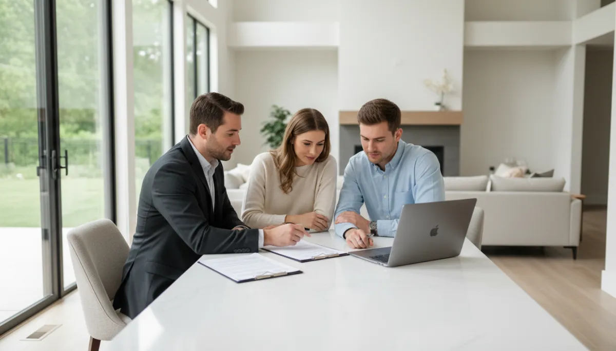 photorealistic wide shot of a professional real estate agent meeting with a couple at a kitchen island in a modern Hoover Alabama home, neutral color palette, paperwork and laptop on the counter, soft natural light from large windows
