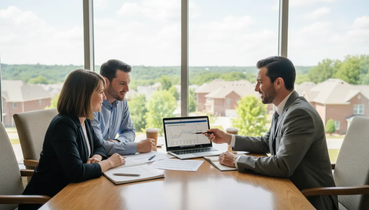 photorealistic neutral-toned scene of a real estate agent sitting at a wooden table with a Hoover, Alabama neighborhood visible through a large window, reviewing a commission breakdown with a couple, documents and a laptop on the table, soft natural lighting