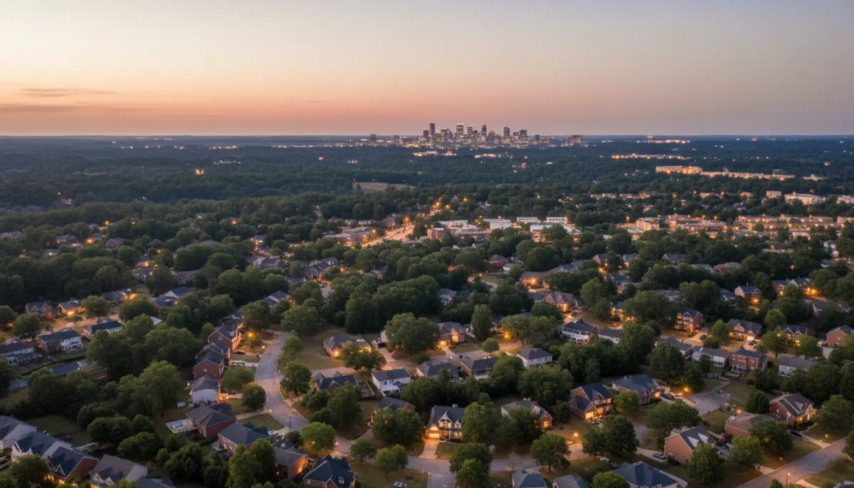 photorealistic aerial evening view of Hoover Alabama neighborhoods with tree-lined streets, warm lights glowing from homes, distant Birmingham skyline under a soft neutral sunset sky