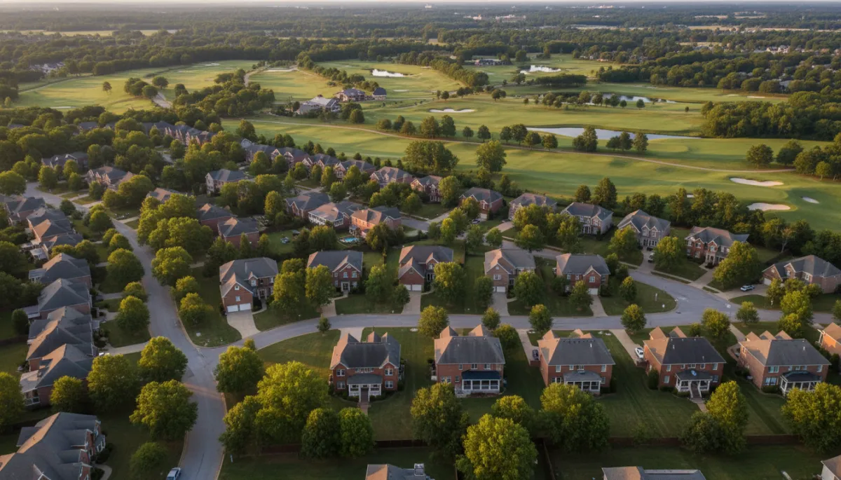 photorealistic aerial evening view of Ross Bridge neighborhood in Hoover Alabama, tree-lined streets, brick homes with front porches, soft neutral lighting, Renaissance Ross Bridge Golf Resort and course visible in the background