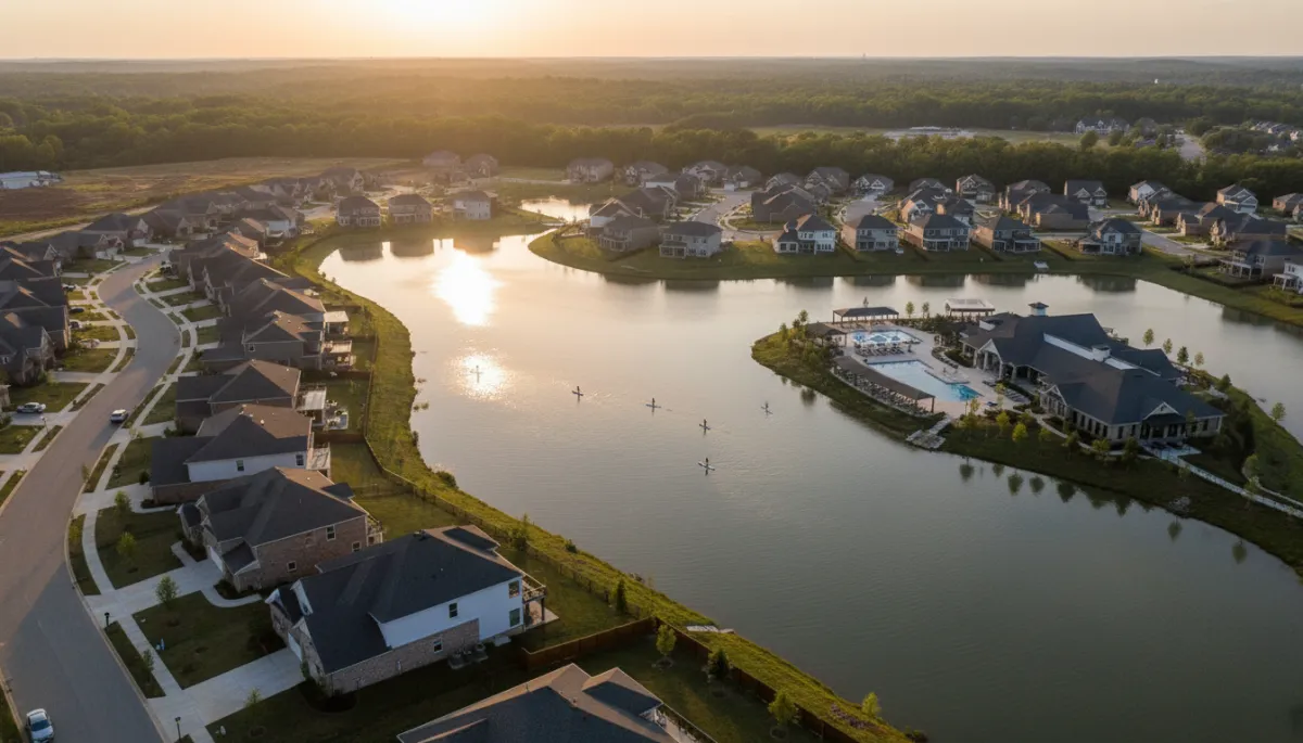 photorealistic aerial sunset view of Lake Wilborn neighborhood in Hoover Alabama, calm lake with paddleboarders and kayaks, modern new-construction homes with neutral brick and siding, resort-style pool and clubhouse visible, soft neutral color palette