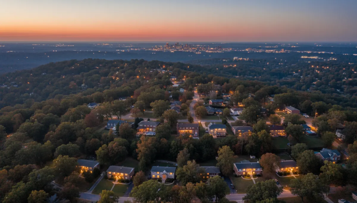 photorealistic twilight aerial view of Bluff Park neighborhood on a wooded ridge above Hoover AL, warm porch lights glowing on mid-century and ranch homes, soft neutral color palette, distant Birmingham skyline on horizon