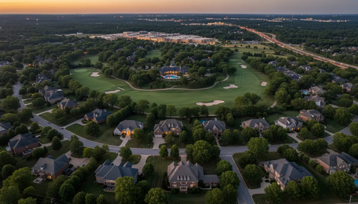photorealistic aerial twilight view of Riverchase neighborhood in Hoover Alabama, tree-lined streets, large traditional brick homes, Riverchase Country Club golf course and clubhouse visible, Riverchase Galleria and I-65 in the distance, neutral color palette