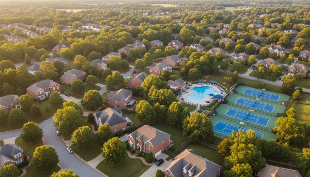 photorealistic aerial view of a tree-lined suburban neighborhood in Hoover Alabama at golden hour, brick homes with well-kept lawns, community pool and tennis courts visible, neutral color palette with soft sunlight