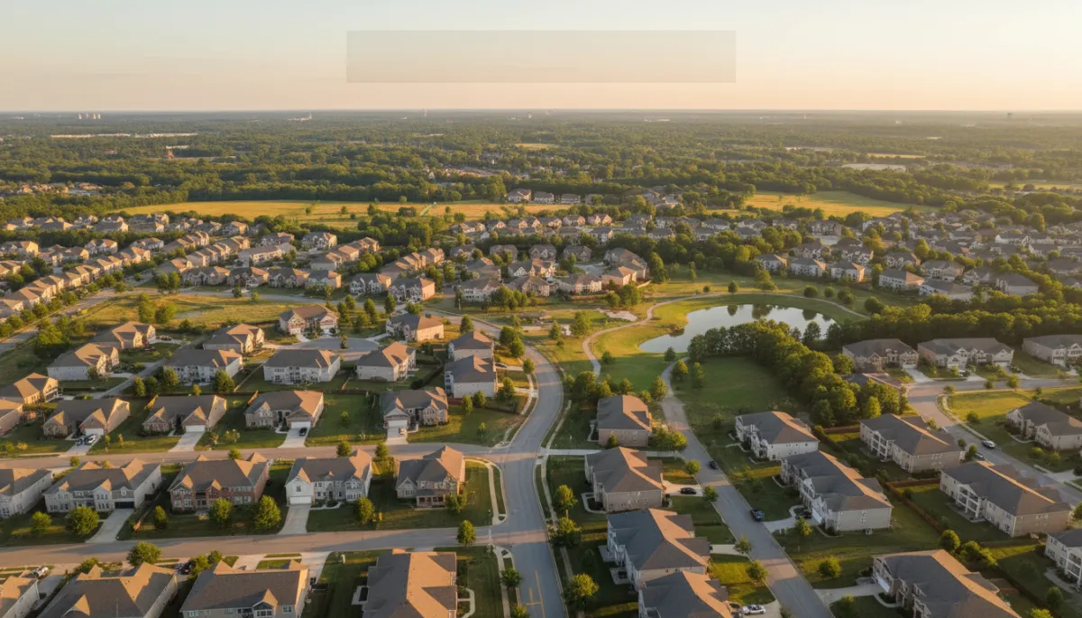 photorealistic aerial view of a quiet Hoover Alabama subdivision at golden hour, mix of single family homes and small apartment buildings, neutral color palette, soft warm light, subtle text overlay area in the sky