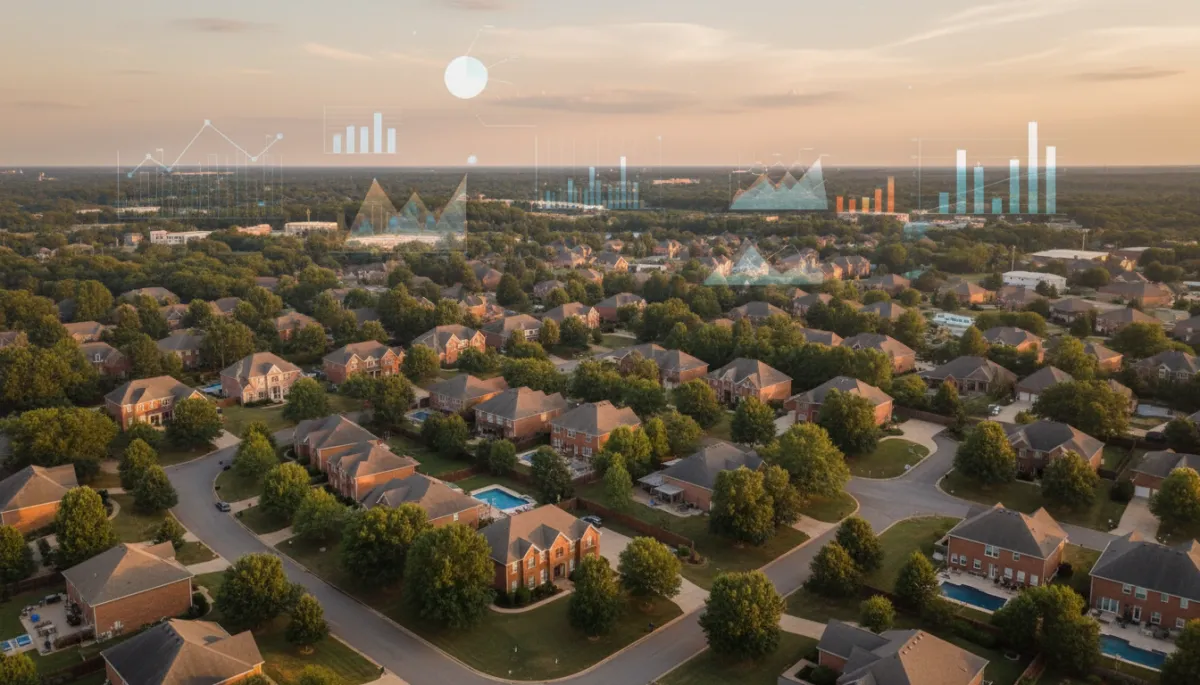 photorealistic aerial view of a suburban Hoover Alabama neighborhood at golden hour, neutral color palette, well-kept brick homes, tree-lined streets, faint overlay of charts and housing data graphics in the sky