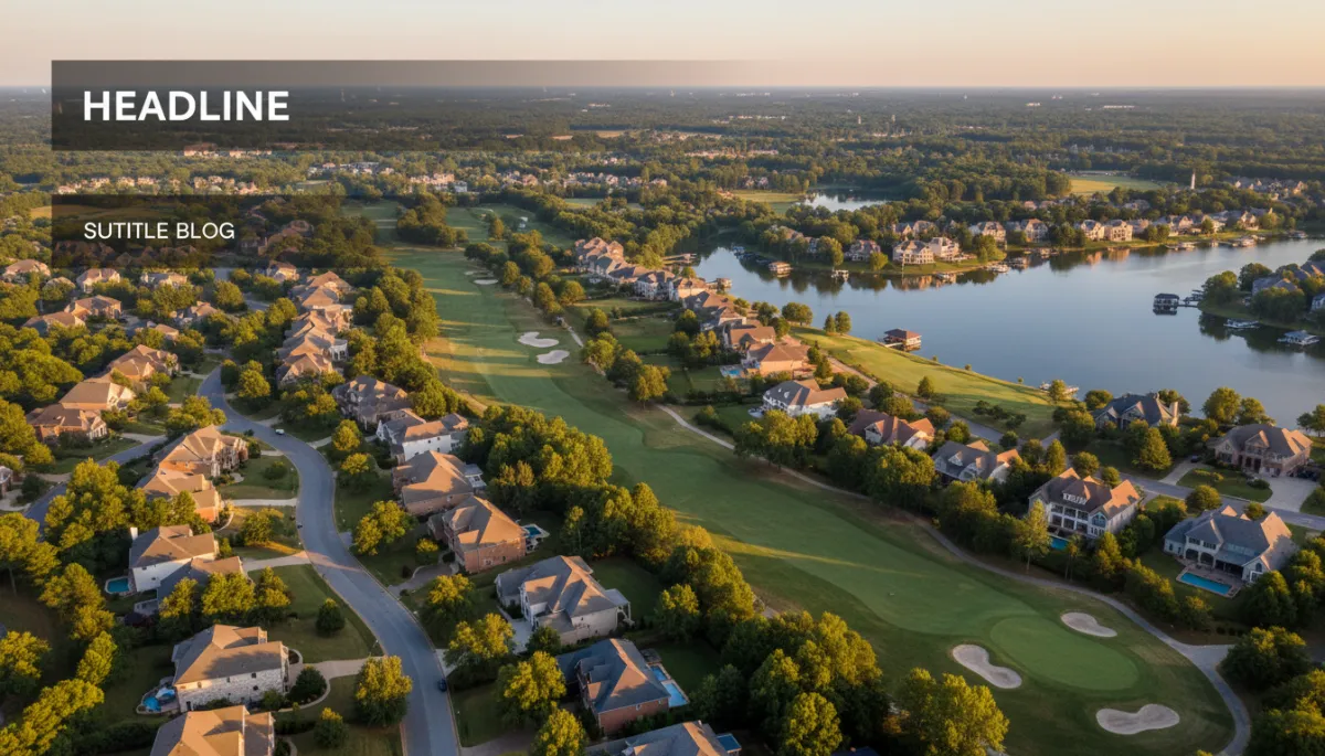 photorealistic aerial view of Hoover Alabama neighborhoods at golden hour, mix of tree-lined streets, golf course community, and lakefront homes, neutral color palette, subtle text overlay areas for headline and subtitle