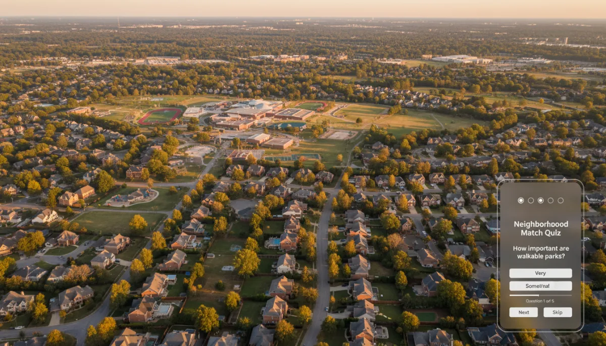 photorealistic neutral-toned aerial view of Hoover Alabama neighborhoods at golden hour, mix of family homes, tree-lined streets, and nearby schools with subtle UI overlay mockup showing a simple 5-question neighborhood match quiz on a smartphone screen