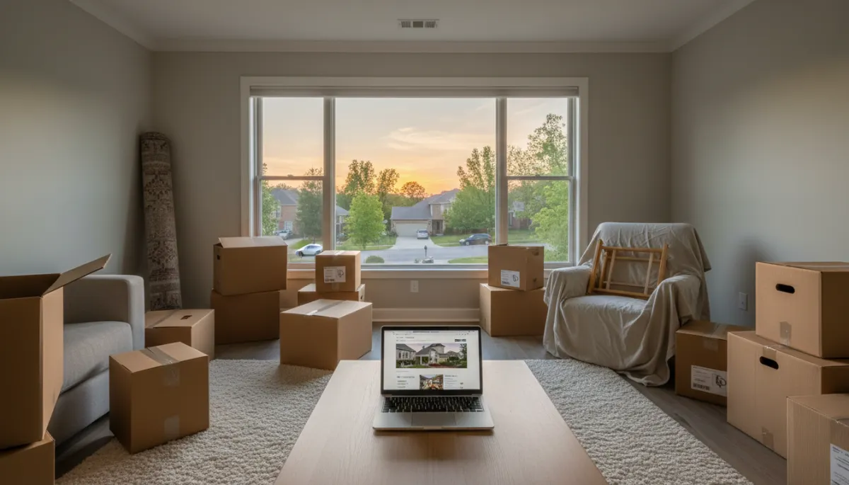 photorealistic neutral-toned living room with moving boxes, a laptop open to a real estate website on a coffee table, large window showing a quiet Hoover Alabama suburban street at sunset