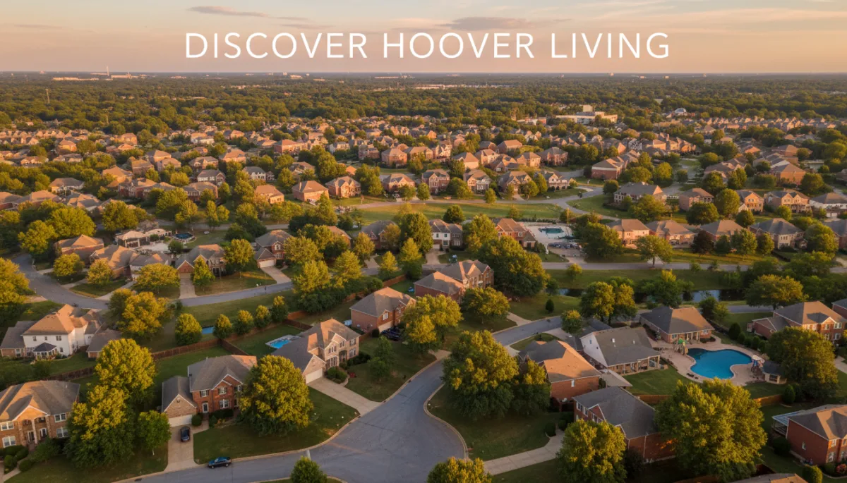 photorealistic aerial view of a Hoover Alabama suburban neighborhood at golden hour, mix of brick and siding homes with manicured lawns and tree-lined streets, neutral color palette, soft natural lighting, subtle text overlay across sky area