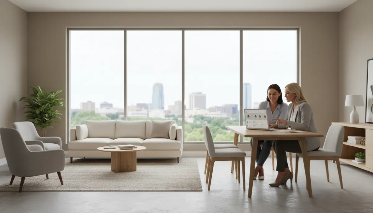 photorealistic neutral-toned living room in a Hoover AL home, large windows with natural light, a professional real estate agent and couple reviewing a listing on a laptop at a clean wooden table, subtle Birmingham city skyline visible through window