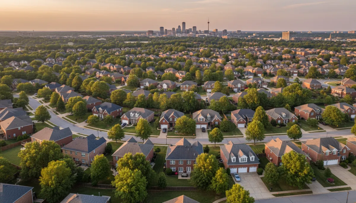 photorealistic aerial view at golden hour of a modern suburban neighborhood in Hoover Alabama with tree-lined streets, brick homes, distant Birmingham skyline under a neutral warm sky