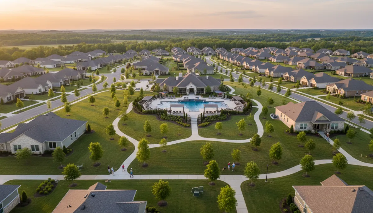 photorealistic aerial view of a modern 55+ community near Hoover Alabama at sunset, single-story homes with tidy lawns, walking trails, clubhouse and pool, soft neutral color palette, relaxed seniors walking dogs and chatting on sidewalks