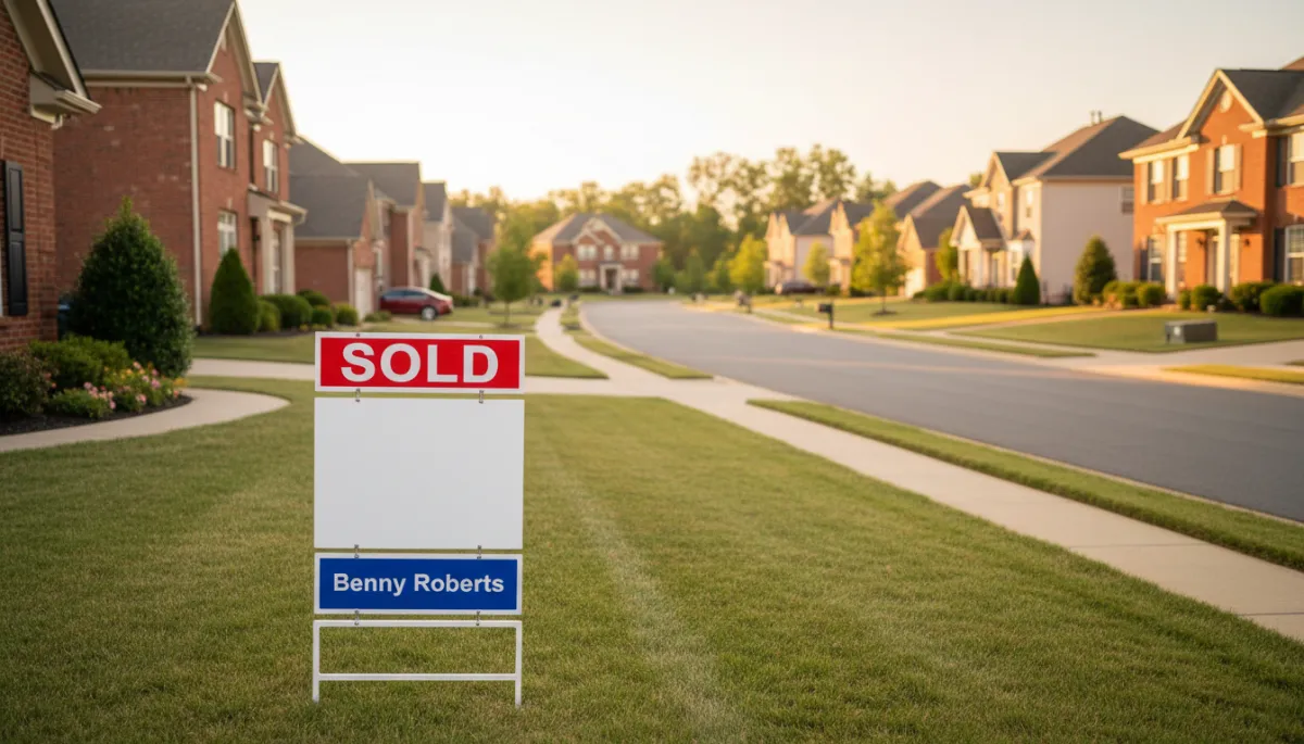 photorealistic neutral-toned Hoover Alabama suburban street at golden hour, well-kept brick homes with fresh landscaping, professional real estate yard sign in foreground reading SOLD with smaller sign Benny Roberts, soft depth of field, clean modern look