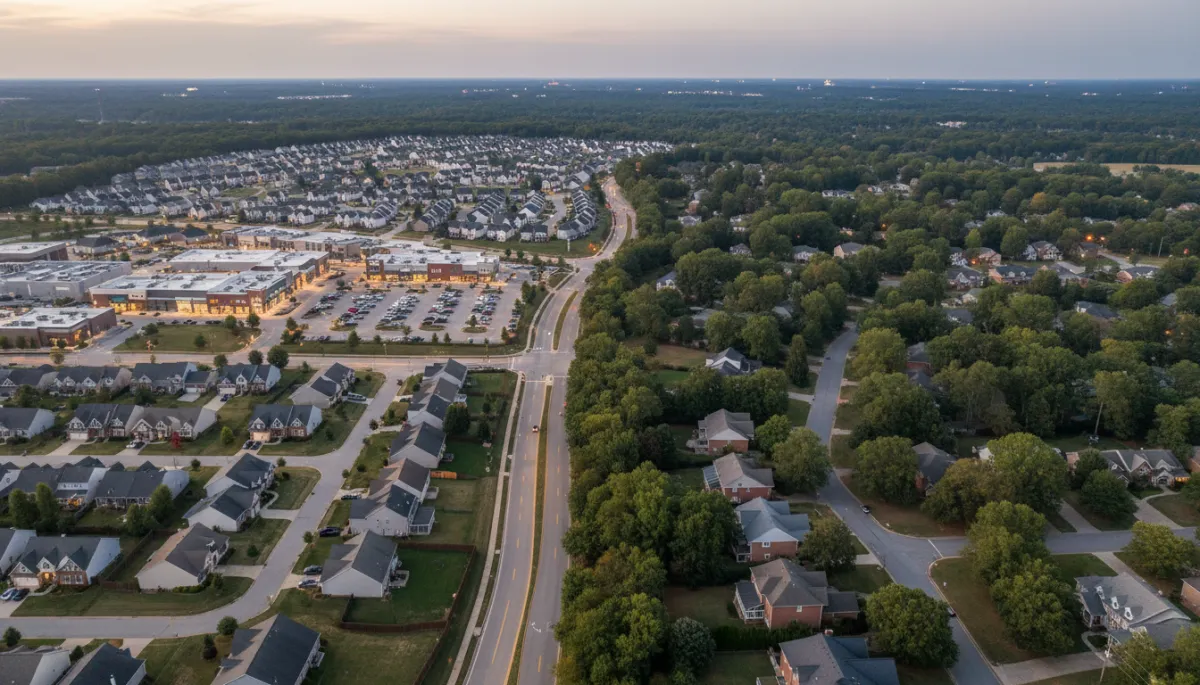 photorealistic aerial twilight view of Birmingham suburbs showing two contrasting neighborhoods, one with newer master-planned homes and shopping centers, the other with older tree-lined streets and established homes, soft neutral color palette