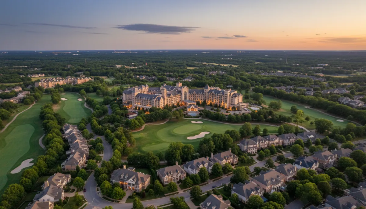 photorealistic twilight aerial view of Ross Bridge neighborhood in Hoover Alabama showing tree-lined streets, golf course fairways, and the castle-like Renaissance Ross Bridge Golf Resort with warm neutral lighting and soft evening sky