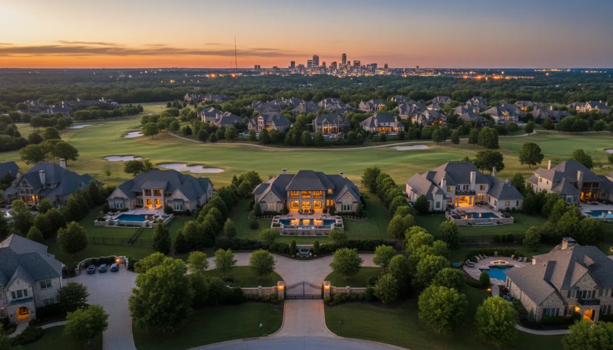 photorealistic twilight aerial view of a gated luxury golf-course community in Hoover Alabama, large custom homes with pools and outdoor living areas, warm neutral lighting, distant Birmingham skyline on horizon