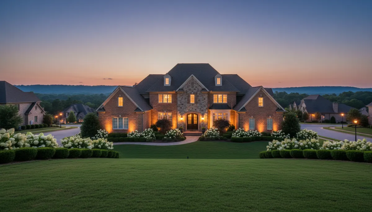 photorealistic twilight view of a luxury brick home in Hoover Alabama with manicured lawn, warm interior lights glowing, neutral color palette, subtle hills in background, upscale neighborhood street