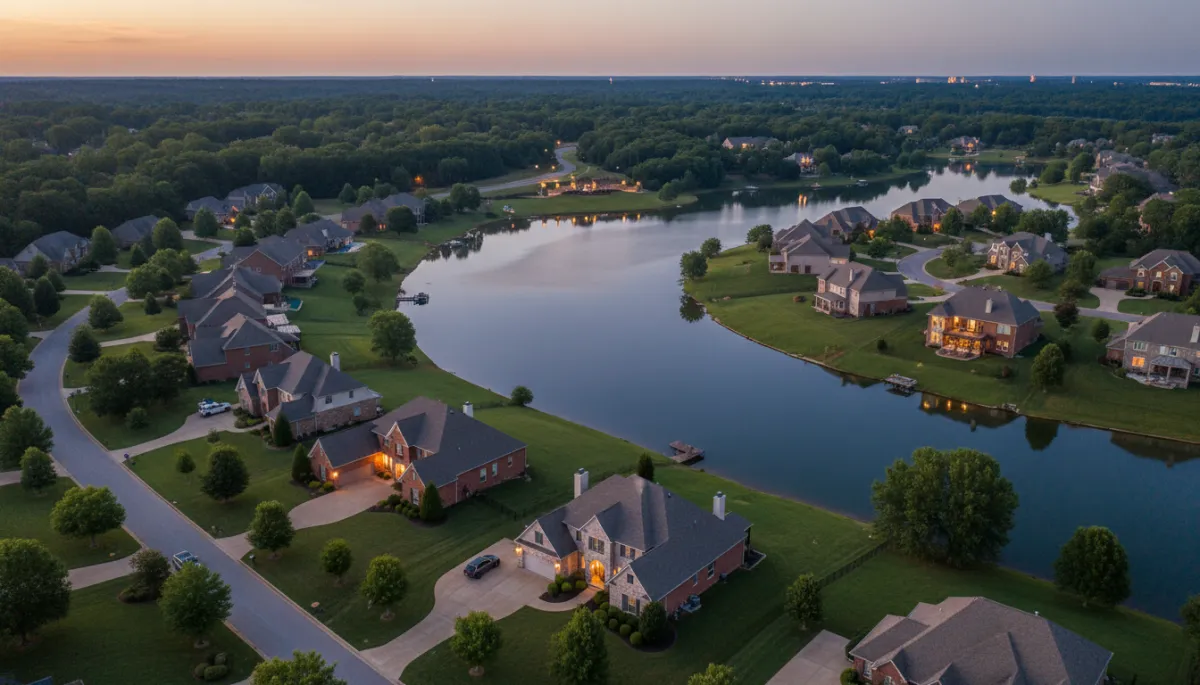 photorealistic aerial twilight view of a serene lakefront neighborhood in Hoover Alabama, upscale brick and stone homes with manicured lawns lining a curving shoreline, soft neutral color palette, warm house lights reflecting on calm water, gated entrance visible in distance