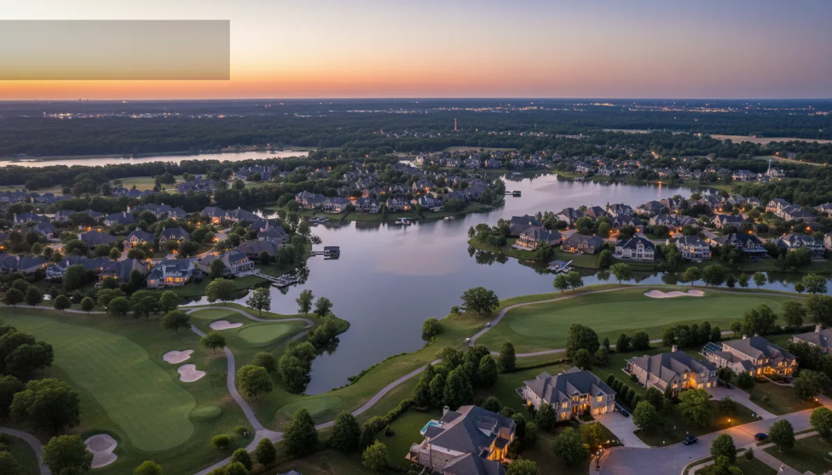 photorealistic aerial twilight view of upscale Hoover Alabama neighborhoods with lakefront homes and golf course community, neutral color palette, subtle text overlay area in sky